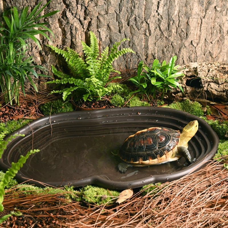 Flushbay Extra Large Reptile Bathing Pool Reptile Feeding Dish Water Bowl with Ramp Aquarium Ornament for Gecko, Snake, Turtle, Bearded Dragon, Lizard Bath(Black) - Image 2